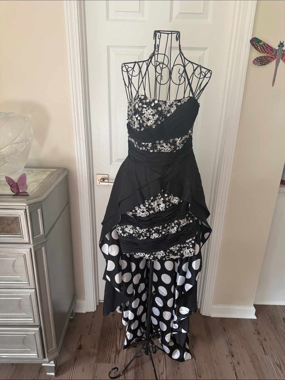 Black & White Polka Dot Strapless High-Low Dress